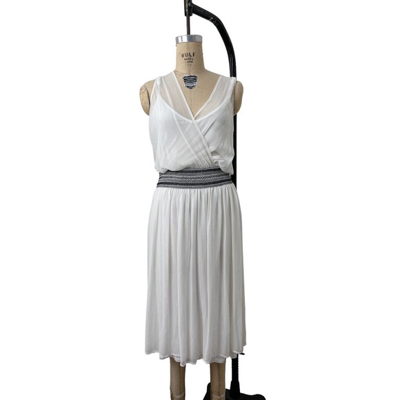 Ella‎ Moss Dress Sheer White Silk B&W Smock Waist Size Medium - Picture 8 of 10